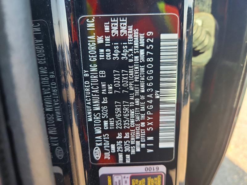 66859296 :رقم المزاد ، 5XYPG4A36GG087529 vin ، 2016 Kia Sorento مزاد بيع