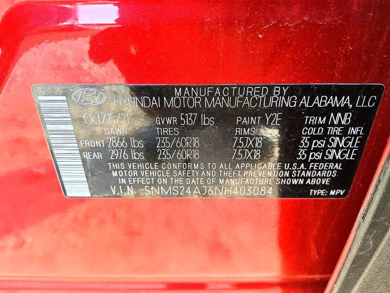 70602796 :رقم المزاد ، 5NMS24AJ6NH403084 vin ، 2022 Hyundai Santa Fe مزاد بيع