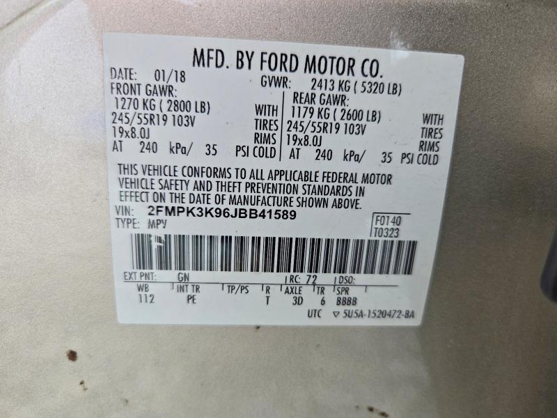 70375676 :رقم المزاد ، 2FMPK3K96JBB41589 vin ، 2018 Ford Edge مزاد بيع