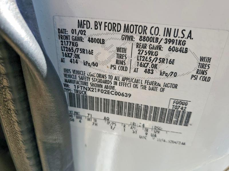 71024676 :رقم المزاد ، 1FTNX21F02EC00639 vin ، 2002 Ford F250 مزاد بيع