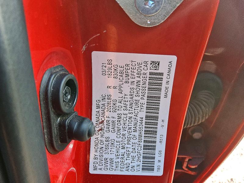 Продаж на аукціоні авто 2021 Honda Civic, vin: 2HGFC2F88MH553444, номер лоту: 70564566