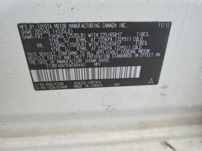 Aukcja sprzedaży 2012 Toyota Rav4, vin: 2T3BF4DV1CW266440, numer aukcji: 69491386