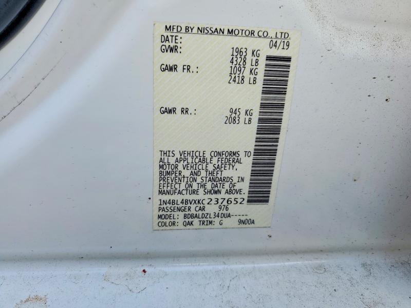 2019 Nissan Altima მანქანა იყიდება აუქციონზე, vin: 1N4BL4BVXKC237652, აუქციონის ნომერი: 69705316