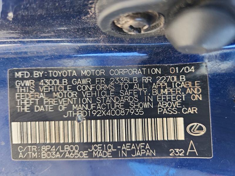 Aukcja sprzedaży 2004 Lexus Is, vin: JTHBD192X40087935, numer aukcji: 68000536