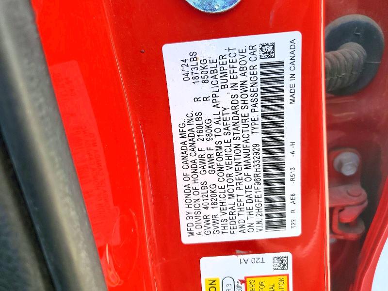 67064796 :رقم المزاد ، 2HGFE1F96RH332929 vin ، 2024 Honda Civic مزاد بيع