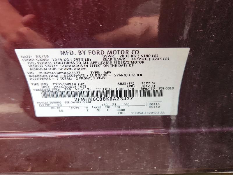 68771896 :رقم المزاد ، 2FMHK6C88KBA23427 vin ، 2019 Ford Flex مزاد بيع
