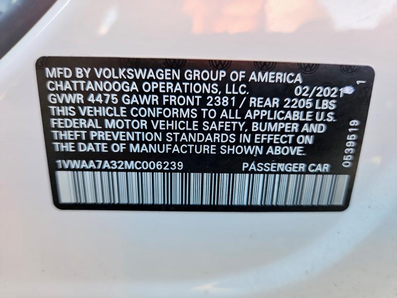 69089656 :رقم المزاد ، 1VWAA7A32MC006239 vin ، 2021 Volkswagen Passat مزاد بيع