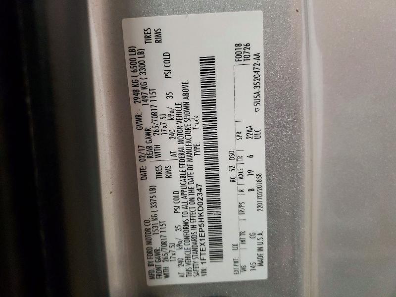 70528506 :رقم المزاد ، 1FTEX1EP5HKD02347 vin ، 2017 Ford F150 مزاد بيع