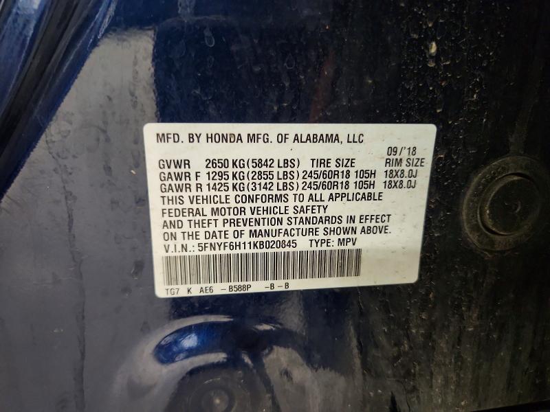 Auction sale of the 2019 Honda Pilot, vin: 5FNYF6H11KB020845        , lot number: 66556646