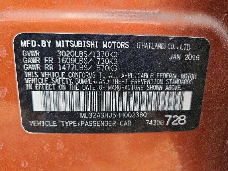 Продаж на аукціоні авто 2017 Mitsubishi Mirage, vin: ML32A3HJ5HH002380, номер лоту: 67446806