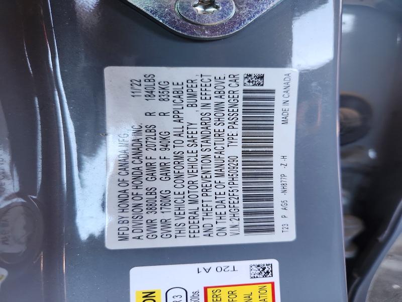 2023 Honda Civic მანქანა იყიდება აუქციონზე, vin: 2HGFE2F51PH509290, აუქციონის ნომერი: 66852196