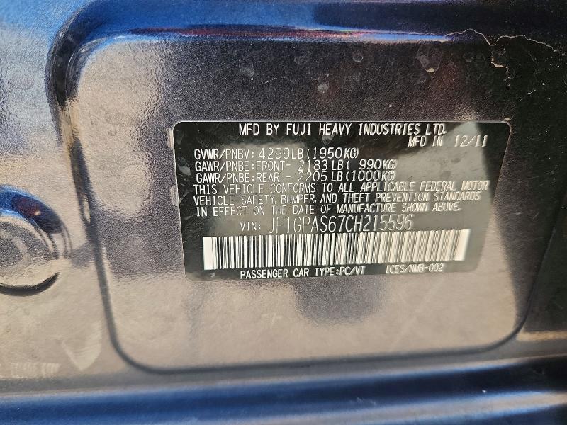 67720496 :رقم المزاد ، JF1GPAS67CH215596 vin ، 2012 Subaru Impreza مزاد بيع