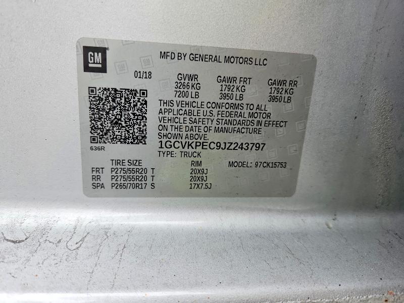 2018 Chevrolet Silverado მანქანა იყიდება აუქციონზე, vin: 1GCVKPEC9JZ243797, აუქციონის ნომერი: 69793906