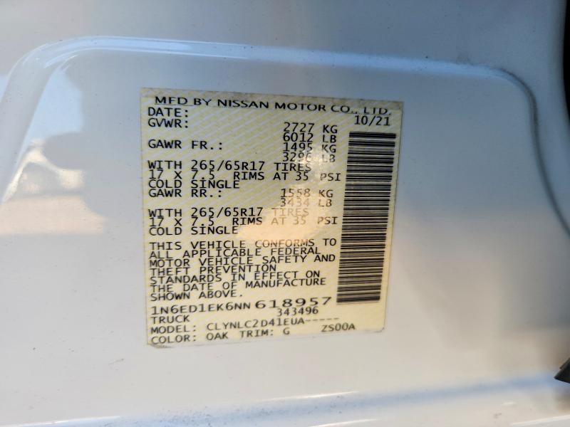 2022 Nissan Frontier მანქანა იყიდება აუქციონზე, vin: 1N6ED1EK6NN618957, აუქციონის ნომერი: 66708416