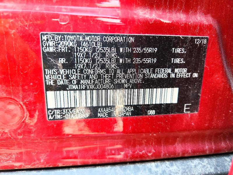 68169086 :رقم المزاد ، JTMA1RFVXKJ004806 vin ، 2019 Toyota Rav4 مزاد بيع