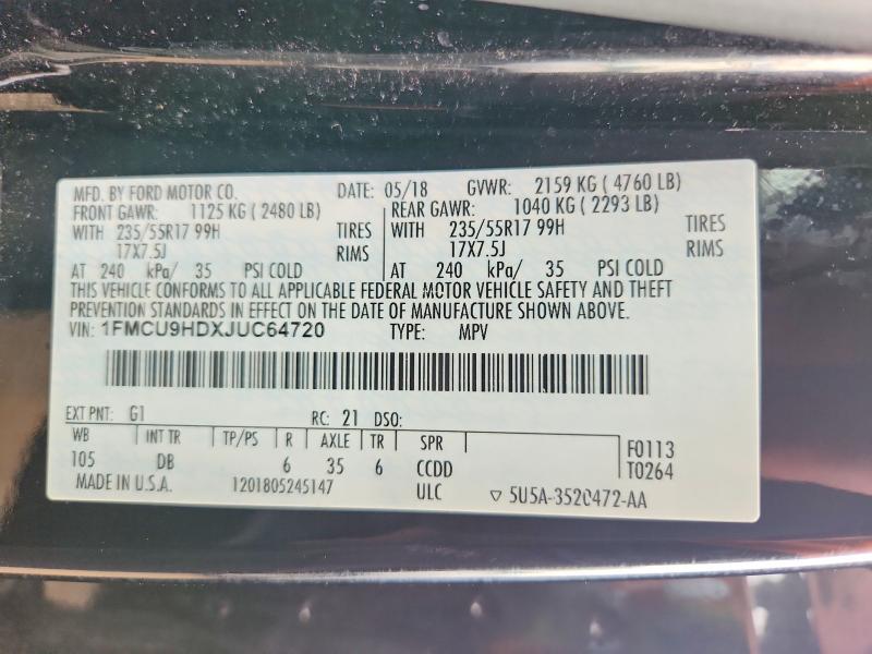 Продаж на аукціоні авто 2018 Ford Escape, vin: 1FMCU9HDXJUC64720, номер лоту: 69244916