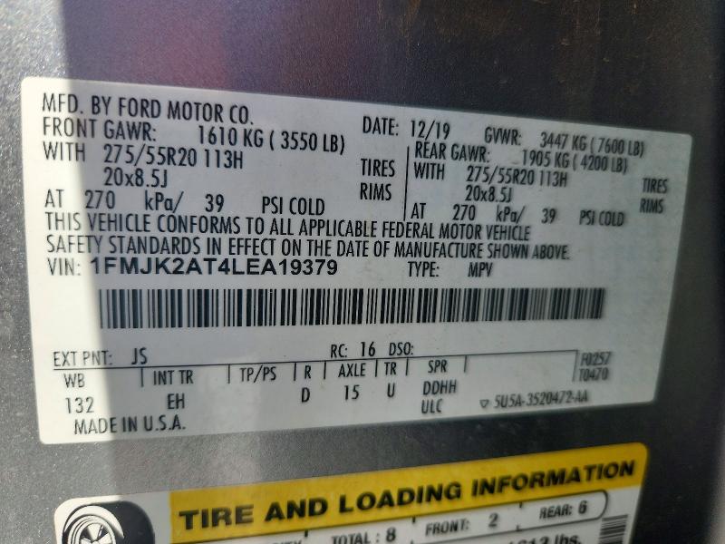 67422476 :رقم المزاد ، 1FMJK2AT4LEA19379 vin ، 2020 Ford Expedition مزاد بيع