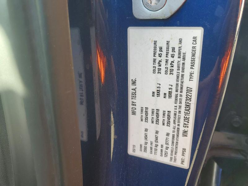 2019 Tesla Model 3 მანქანა იყიდება აუქციონზე, vin: 5YJ3E1EA3KF322707, აუქციონის ნომერი: 70460216