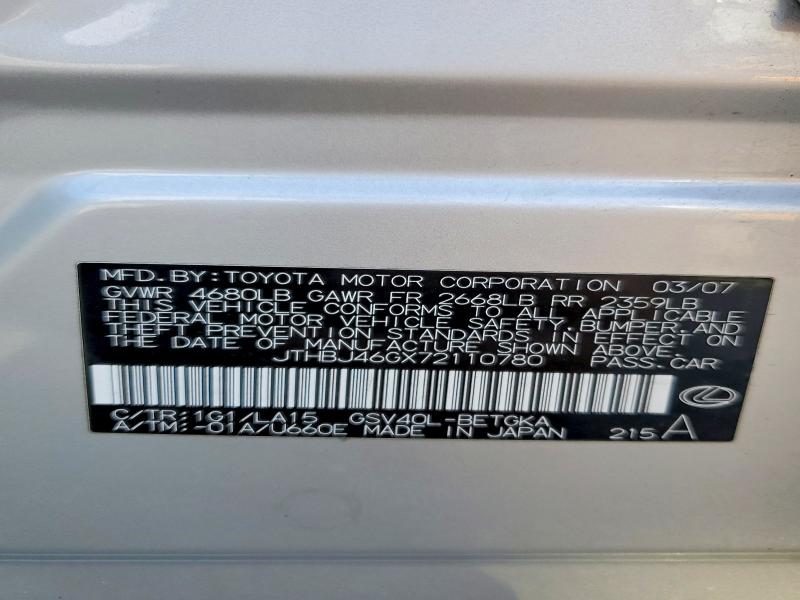 2007 Lexus Es მანქანა იყიდება აუქციონზე, vin: JTHBJ46GX72110780, აუქციონის ნომერი: 67270486