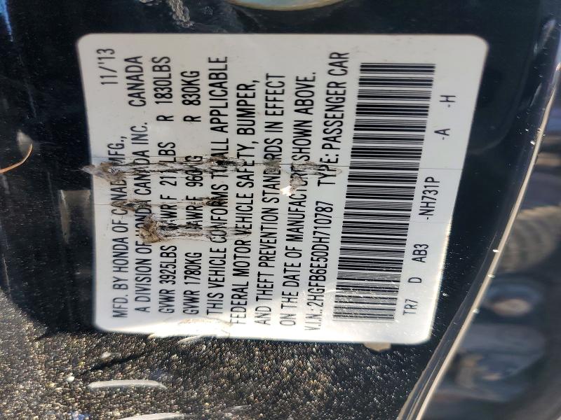 Auction sale of the 2013 Honda Civic, vin: 2HGFB6E50DH710787        , lot number: 69113726