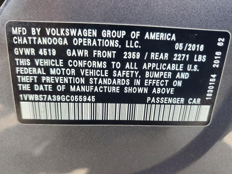 66952576 :رقم المزاد ، 1VWBS7A39GC055945 vin ، 2016 Volkswagen Passat مزاد بيع