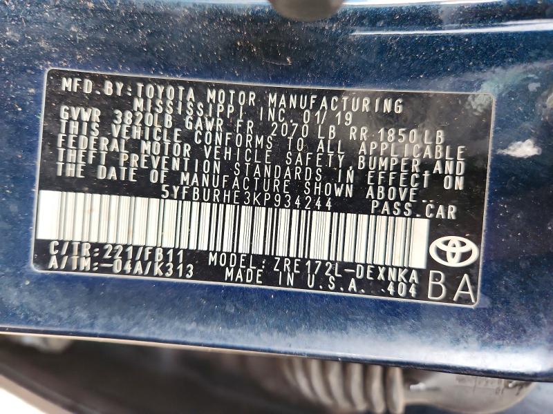 2019 Toyota Corolla მანქანა იყიდება აუქციონზე, vin: 5YFBURHE3KP934244, აუქციონის ნომერი: 68420316