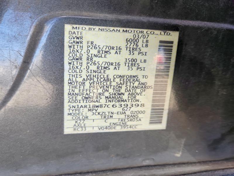 Auction sale of the 2007 Nissan Pathfinder, vin: 5N1AR18W87C639398, lot number: 70151816
