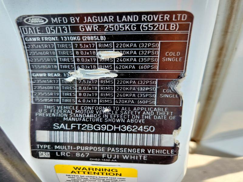 2013 Land Rover Lr2 მანქანა იყიდება აუქციონზე, vin: SALFT2BG9DH362450, აუქციონის ნომერი: 70556586