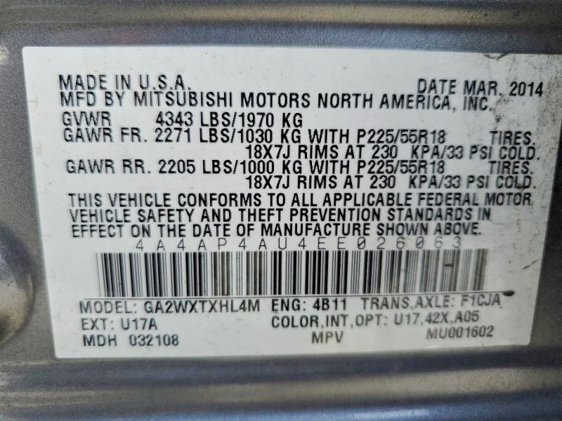 69975556 :رقم المزاد ، 4A4AP4AU4EE026063 vin ، 2014 Mitsubishi Outlander Sport مزاد بيع