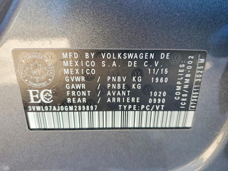 2016 Volkswagen Jetta მანქანა იყიდება აუქციონზე, vin: 3VWL07AJ0GM289897, აუქციონის ნომერი: 67936166