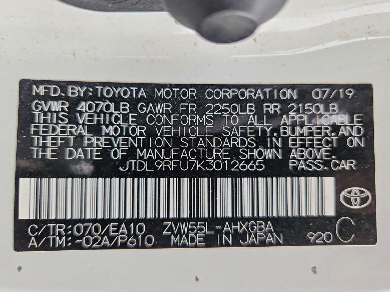 69363736 :رقم المزاد ، JTDL9RFU7K3012665 vin ، 2019 Toyota Prius مزاد بيع