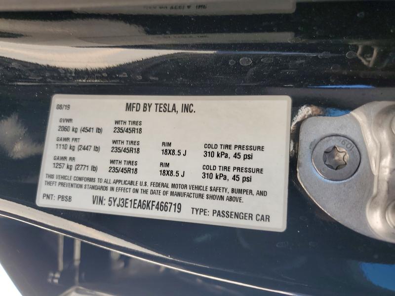 67318316 :رقم المزاد ، 5YJ3E1EA6KF466719 vin ، 2019 Tesla Model 3 مزاد بيع