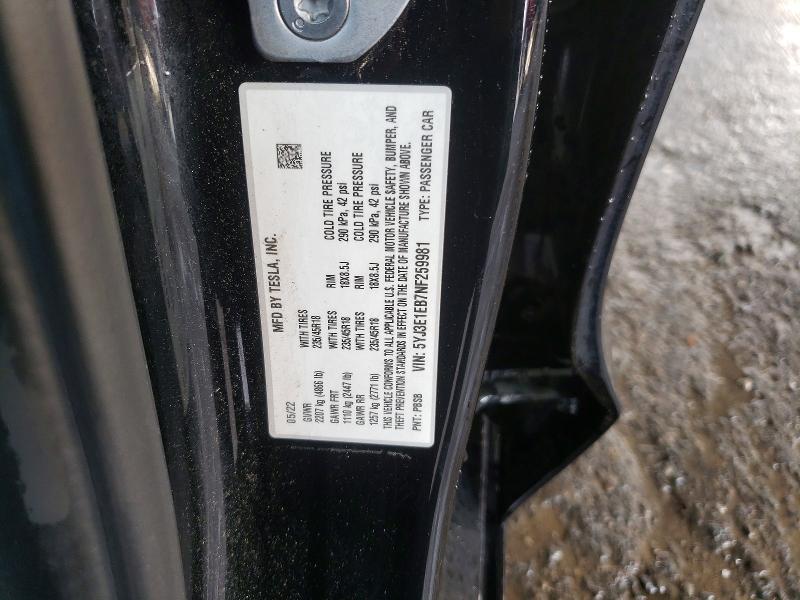 68588696 :رقم المزاد ، 5YJ3E1EB7NF259981 vin ، 2022 Tesla Model 3 مزاد بيع