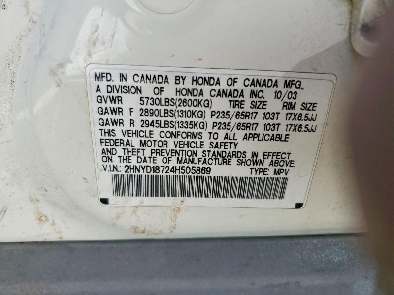 Auction sale of the 2004 Acura Mdx, vin: 2HNYD18724H505869, lot number: 70121666