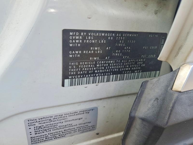 69158506 :رقم المزاد ، WVGBV7AXXFW581653 vin ، 2015 Volkswagen Tiguan مزاد بيع