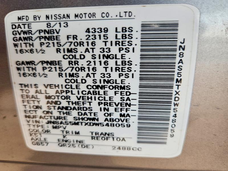 68866746 :رقم المزاد ، JN8AS5MTXDW548059 vin ، 2013 Nissan Rogue مزاد بيع