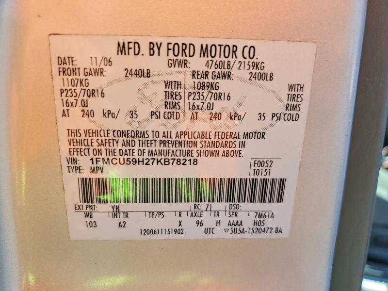 Продажа на аукционе авто 2007 Ford Escape, vin: 1FMCU59H27KB78218, номер лота: 70061846