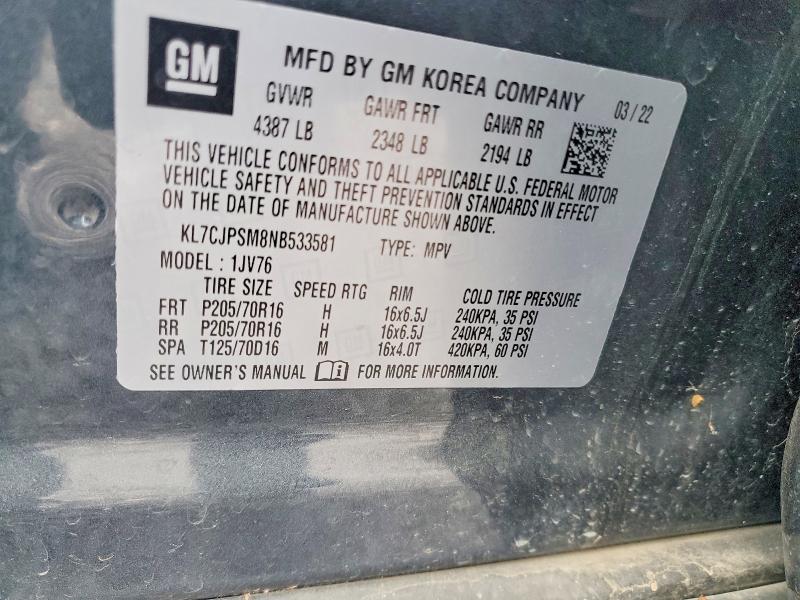 68973246 :رقم المزاد ، KL7CJPSM8NB533581 vin ، 2022 Chevrolet Trax مزاد بيع