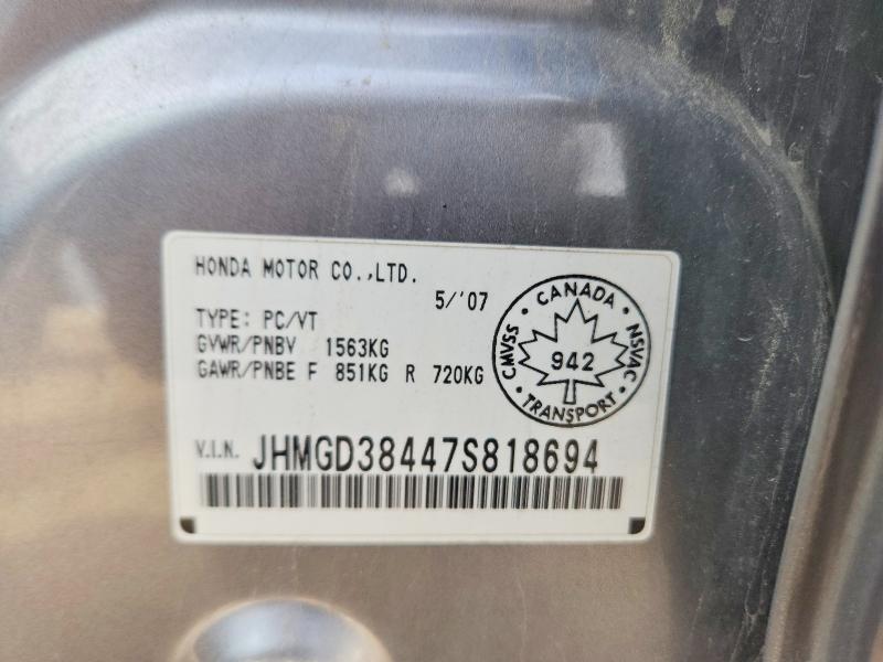2007 Honda Fit მანქანა იყიდება აუქციონზე, vin: JHMGD38447S818694, აუქციონის ნომერი: 70573006