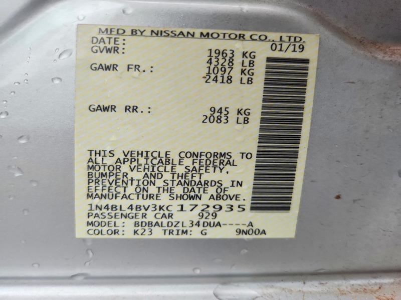 2019 Nissan Altima მანქანა იყიდება აუქციონზე, vin: 1N4BL4BV3KC172935, აუქციონის ნომერი: 68621586