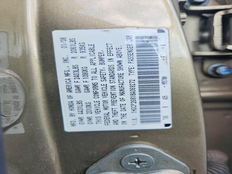2008 Honda Accord მანქანა იყიდება აუქციონზე, vin: 1HGCP26818A069272, აუქციონის ნომერი: 68927876