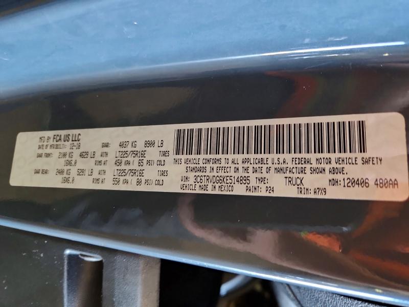 69854296 :رقم المزاد ، 3C6TRVDG6KE514895 vin ، 2019 Ram Promaster 2500 مزاد بيع