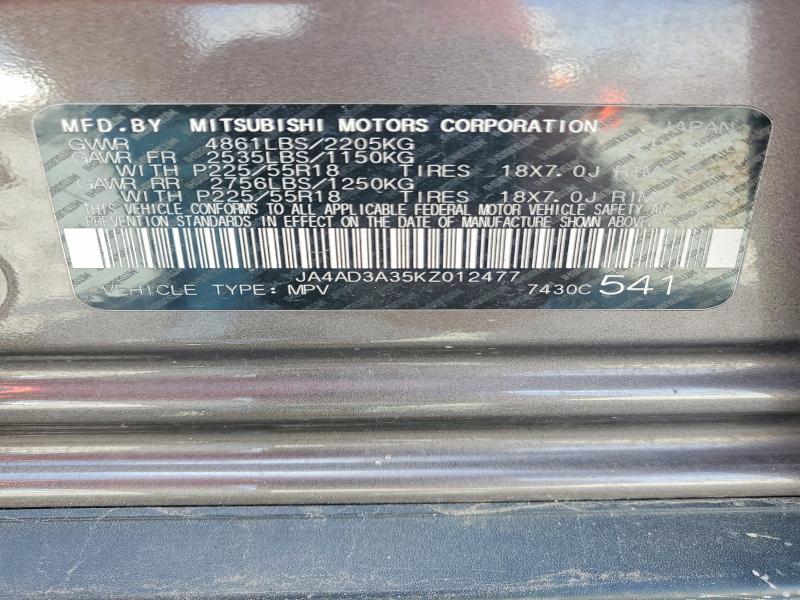 68733896 :رقم المزاد ، JA4AD3A35KZ012477 vin ، 2019 Mitsubishi Outlander مزاد بيع
