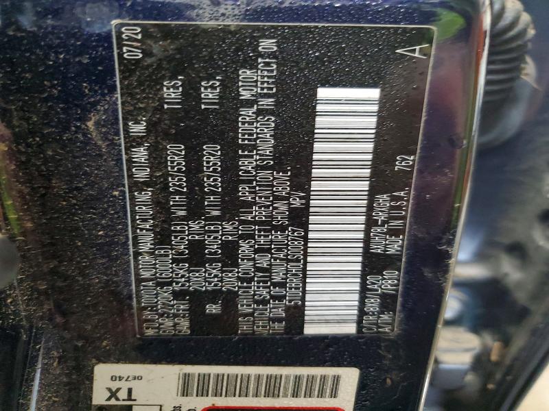 2020 Toyota Highlander მანქანა იყიდება აუქციონზე, vin: 5TDEBRCH0LS008767, აუქციონის ნომერი: 69296136