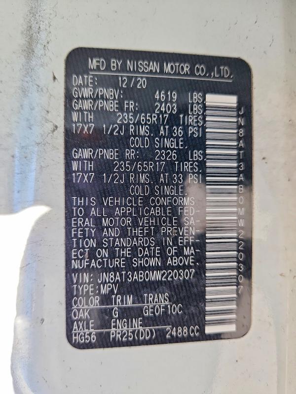 68923716 :رقم المزاد ، JN8AT3AB0MW220307 vin ، 2021 Nissan Rogue مزاد بيع