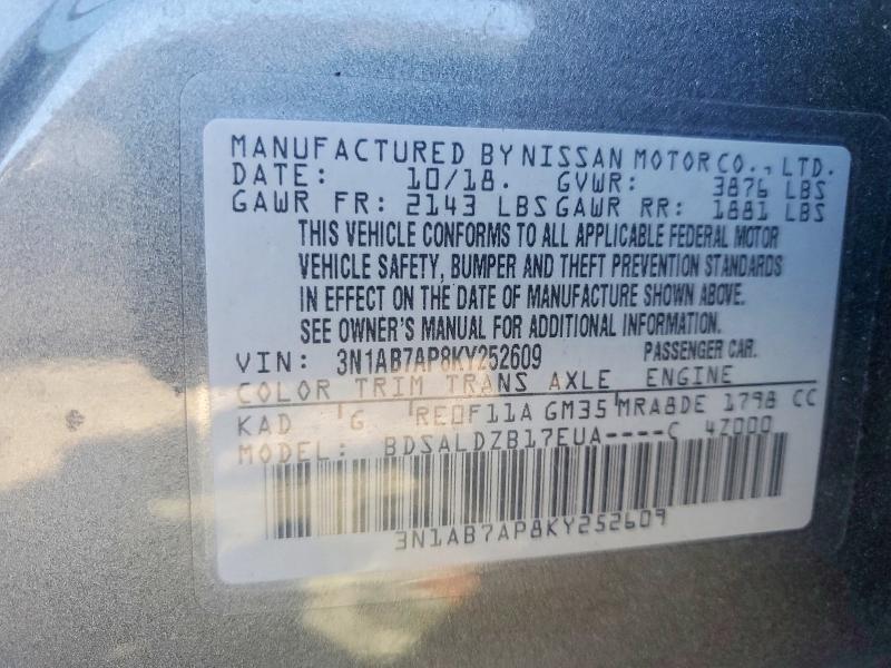 Продаж на аукціоні авто 2019 Nissan Sentra, vin: 3N1AB7AP8KY252609, номер лоту: 70855356