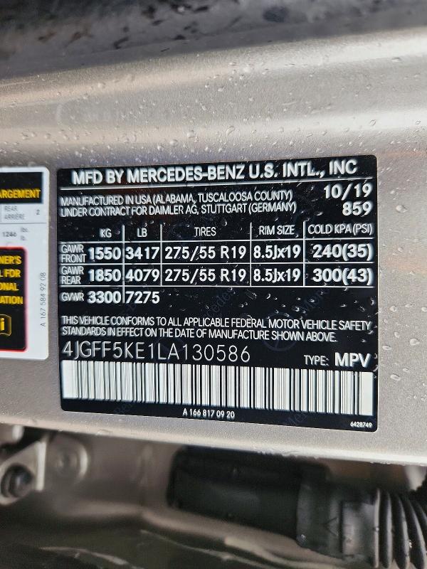 Aukcja sprzedaży 2020 Mercedes-benz Gls, vin: 4JGFF5KE1LA130586, numer aukcji: 59411516