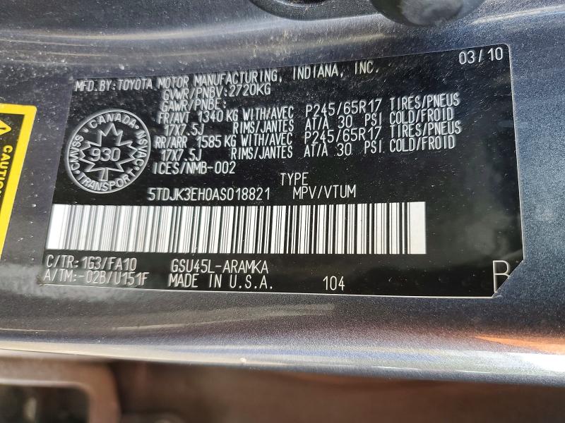 Aukcja sprzedaży 2010 Toyota Highlander, vin: 5TDJK3EH0AS018821, numer aukcji: 69689246