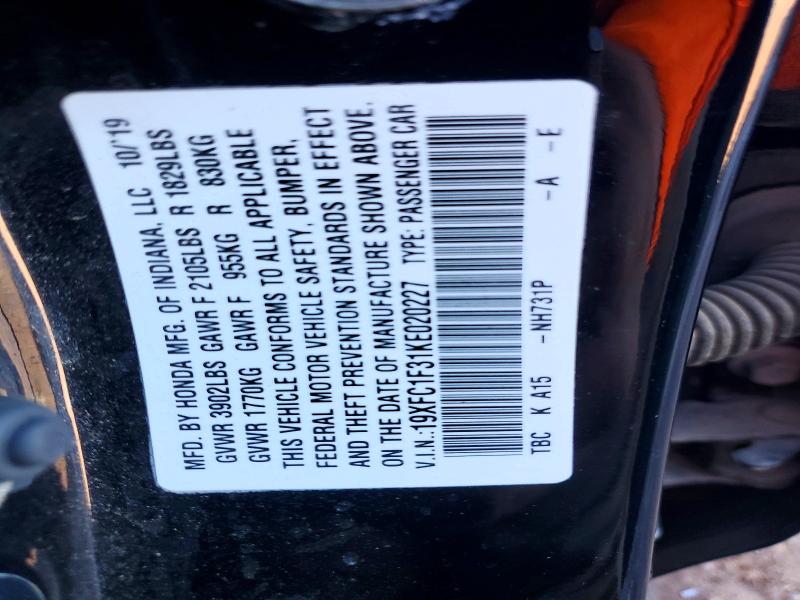 2019 Honda Civic მანქანა იყიდება აუქციონზე, vin: 19XFC1F31KE020227, აუქციონის ნომერი: 70532376