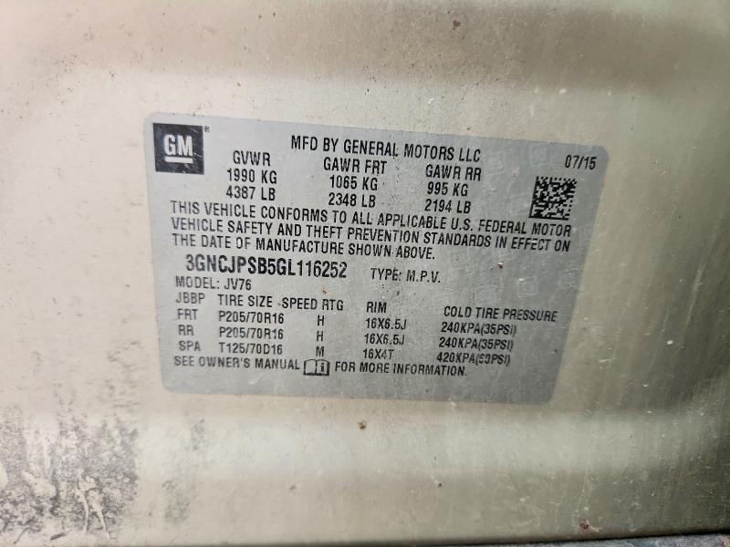 69620886 :رقم المزاد ، 3GNCJPSB5GL116252 vin ، 2016 Chevrolet Trax مزاد بيع